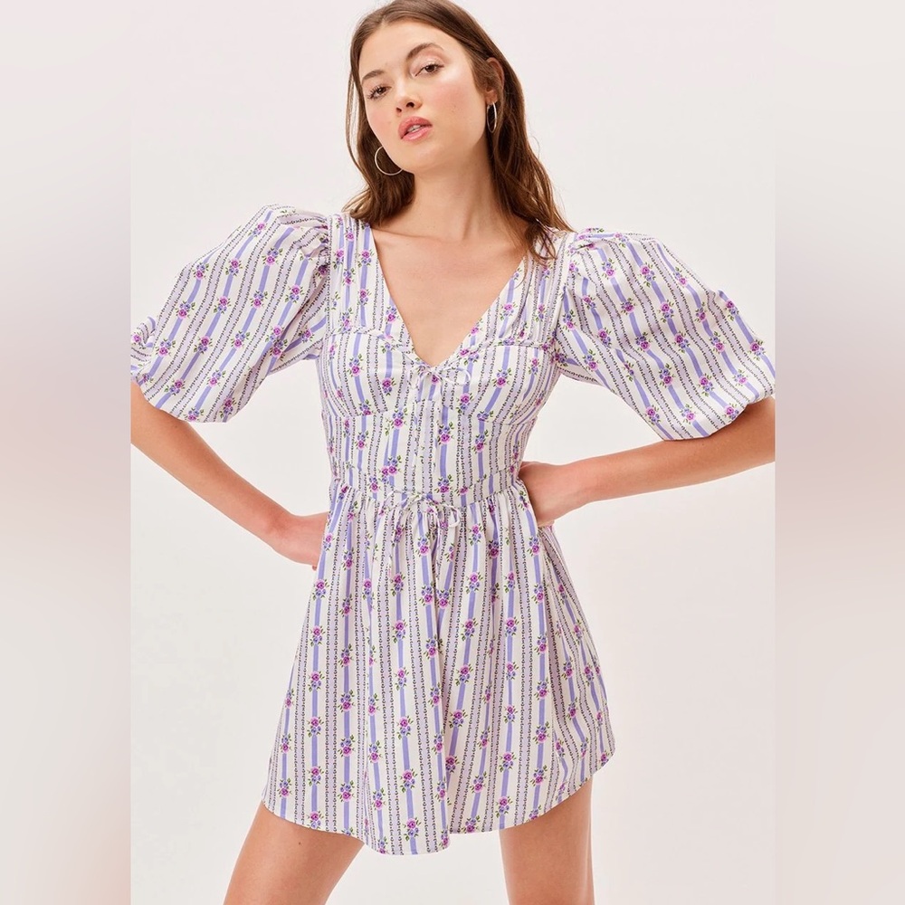 For Love & Lemons Lavender and White Puff-Sleeve Mini Dress
